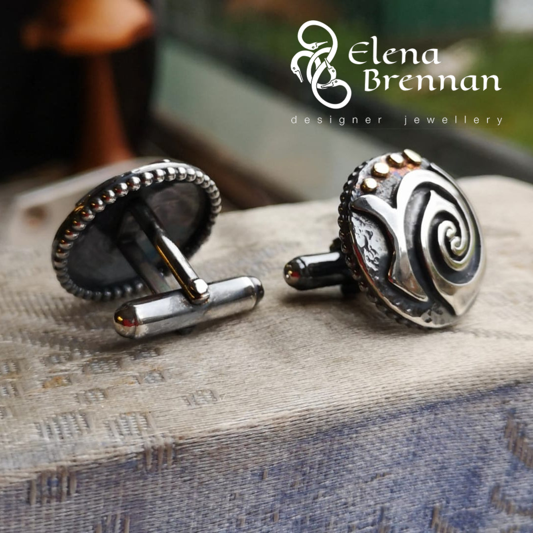 Wedding anniversary cufflinks with spiral designs, handmade in Cavan by Irish jewellery designer Elena Brennan