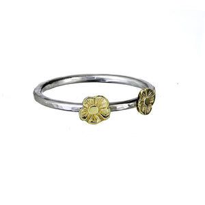 Beaten stacking ring handcrafted from sterling silver with 9ct Gold tiny flowers.