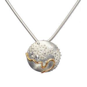 Cúrsa an tSaoil  medium domed pendant with a shiny Silver finish.