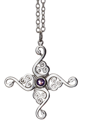 Swan Cross Pendant. Sterling Silver with amethyst gemstone detail.