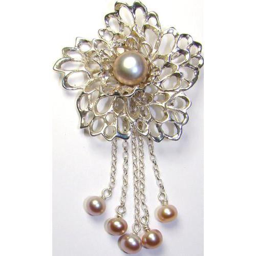 Lacy Flower Pearl Drop Chains Gossamer Brooch handcrafted from Sterling Silver by Elena Brennan Jewellery.