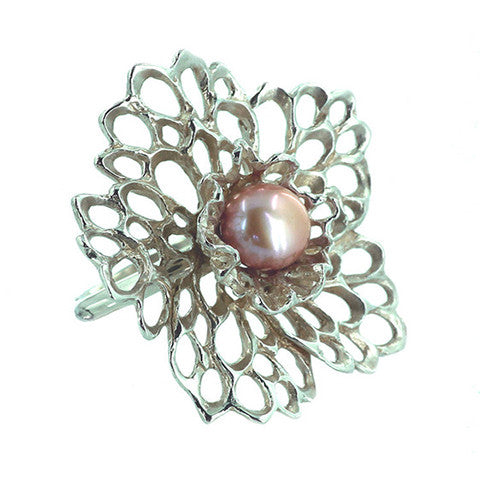 Petals & Pearls Lacy Flower Ring handcrafted from Sterling Silver.