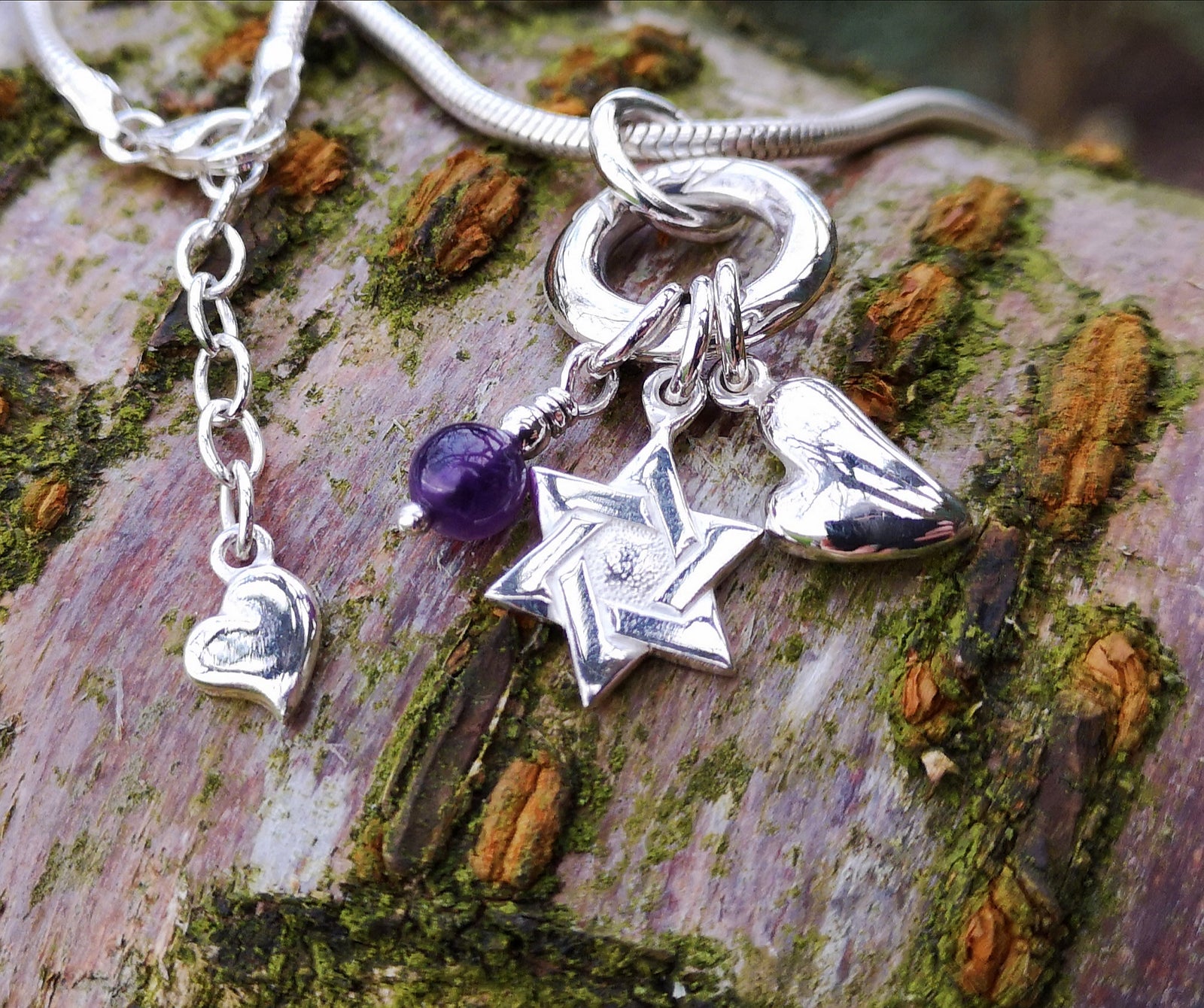 Bespoke pendant with star of David, halo, heart and amethyst, by Elena Brennan Jewellery
