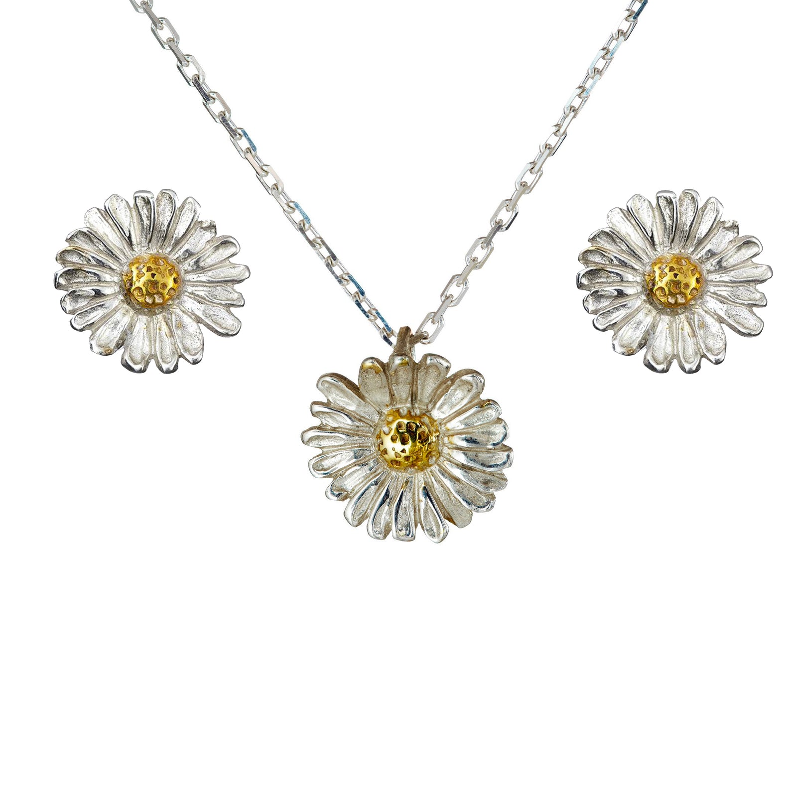 Oops a Daisy jewellery set with a gold and sterling silver necklace and stud earrings.