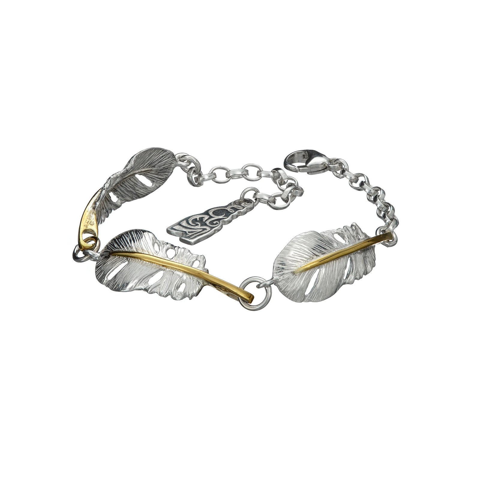 Baby Angel Feather Bracelet with gold plated centre rim on each feather, handmade by Irish jewellery designer Elena Brennan in Cavan, Ireland.