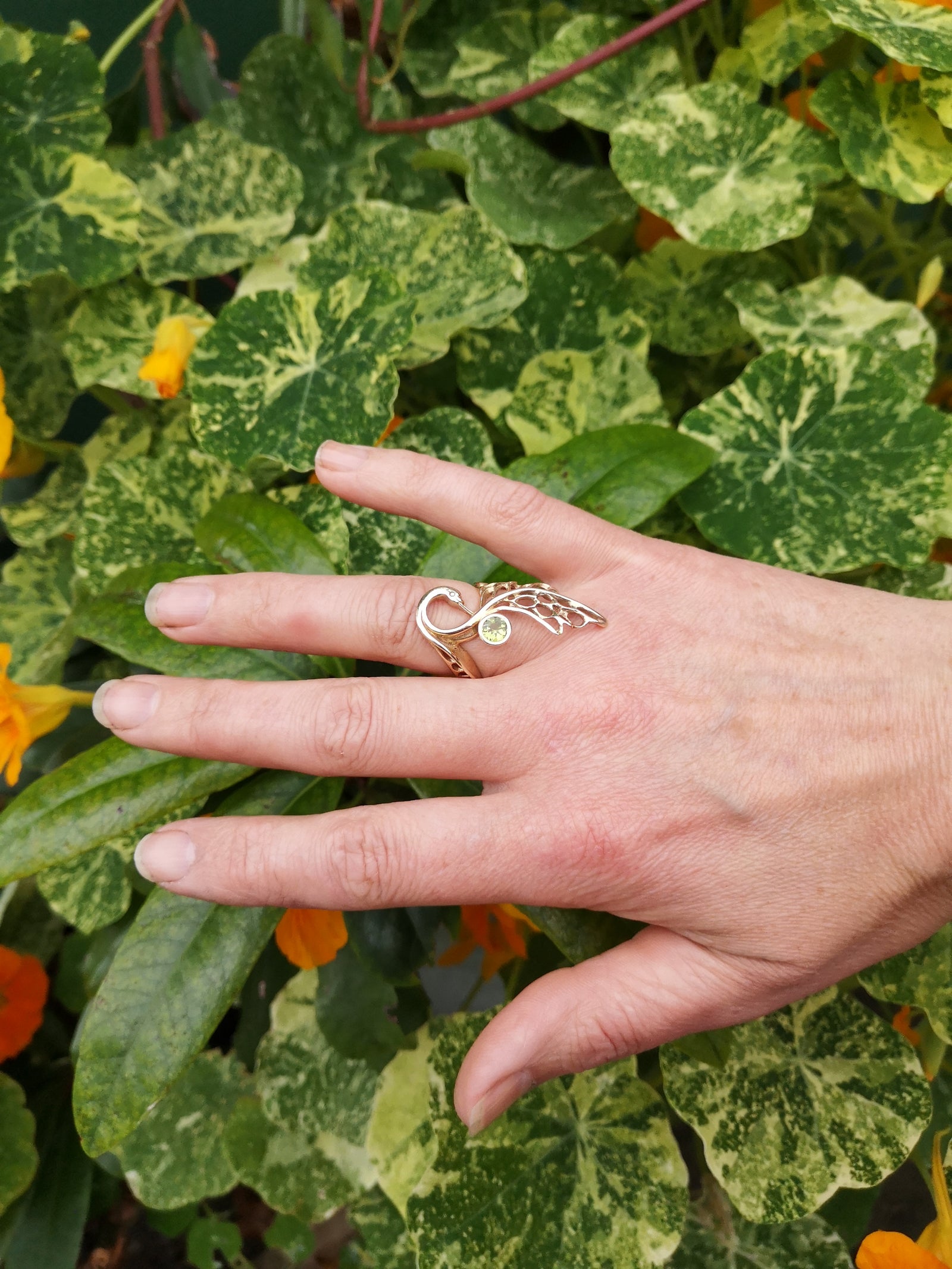 Gold Celtic swan ring, from the Children if Lir collection, by Irish Jewellery designer Elena Brennan