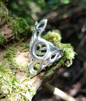 Twilight gossamer ring made of sterling silver with gossamer cobweb-like filigree detailing. Handmade in Cavan, Ireland.