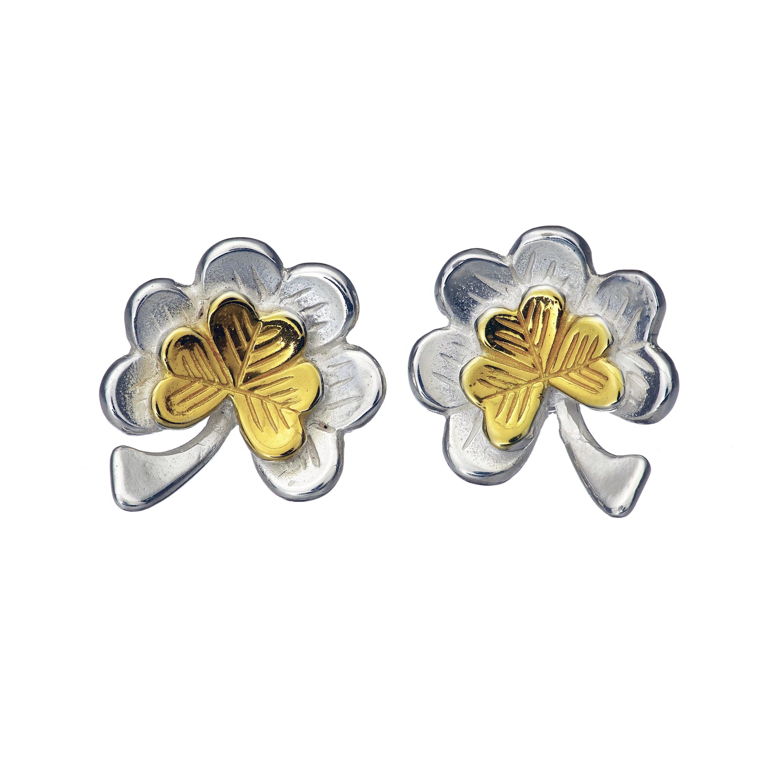 The Ireland Forever Stud Earrings with 14ct gold shamrocks, handmade jewellery by Elena Brennan.