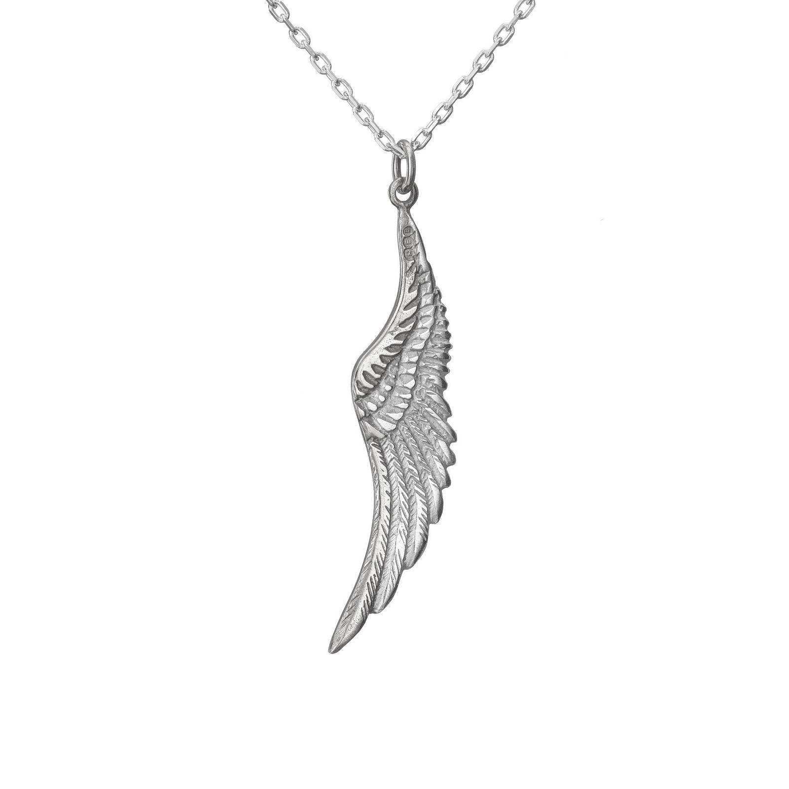 Sterling silver Angel Wings necklace handmade in Cavan, Ireland  and hanging on a silver chain